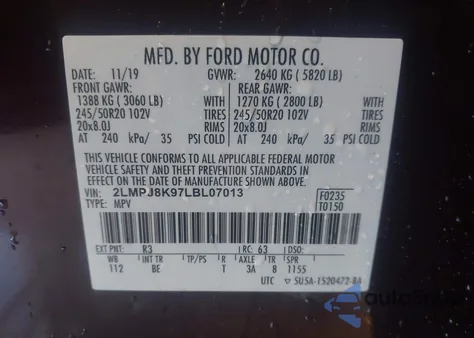 2020 Lincoln Nautilus Reserve z USA, uszkodzony, nr VIN 2LMPJ8K97LBL07013